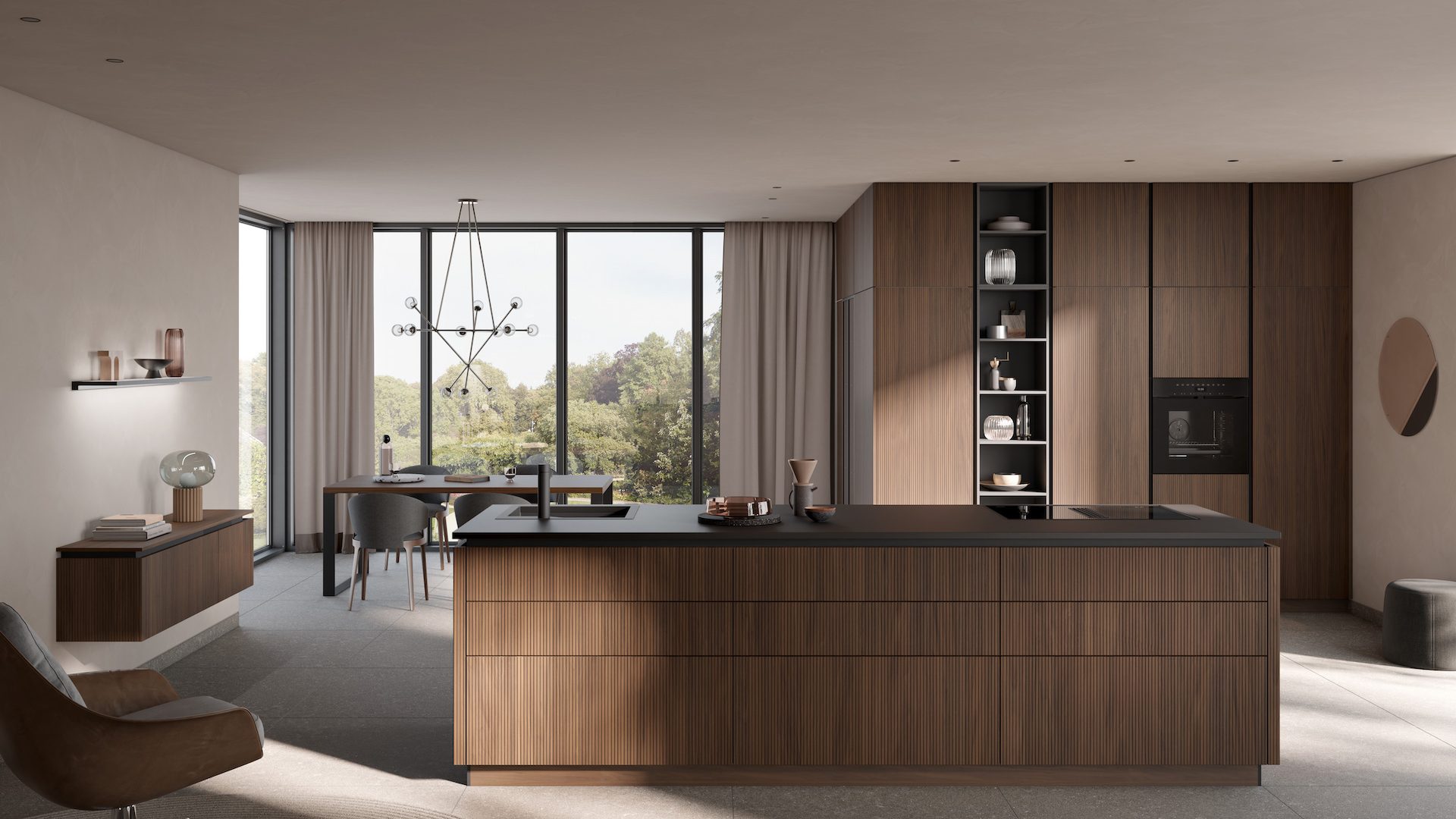 Hochwertige Holzfront im Rillendesign - Nussbaum - Häcker Küche